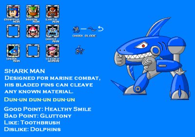 Shark Man by EvilMariobot
Here we have a new vision for Shark Man.  It's certainly more unique looking than the one from the PC game!
