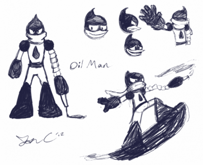 Oil Man Sketches by Jon Causith
Oil Man is definitely a stylish Robot Master.  It's interesting how the comic dealt with the "questionable" design by giving him a scarf to hide his face.
