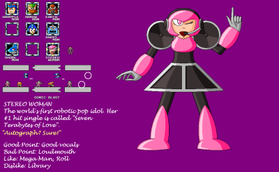 Stereo Woman by EvilMariobot
It does rather surprise me that, with as many music inspired names as Mega Man has, there hasn't really been a music themed Robot Master...
