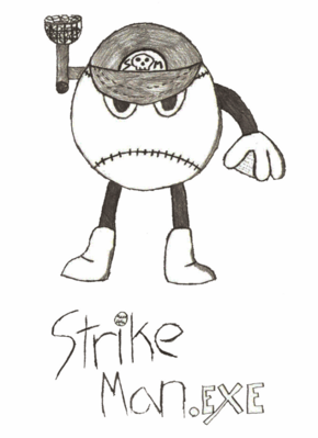 StrikeMan EXE by InvisibleCoinBlock
A rather playful, comical looking StrikeMan EXE.  I can only imagine him being a friendly Navi battle, perhaps living in a baseball arcade game or something.
