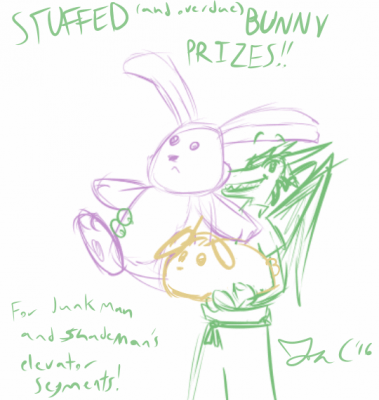 Stuffed Bunny Prizes by Jon Causith
So here's a joke from year one that I forgot about XD  When going through Junk Man's stage, I made a comment about wanting my "stuffed bunny prize" for shooting all the enemies in the elevator section.  Jon Causith has rewarded me for that one plus the Shade Man elevator XD
