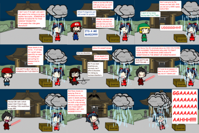 The Giving Reimu Pt 1 by Bowserslave
It seems that since the usual residents of Gensokyo aren't interested in donating, Reimu has decided to look into other options... but wil she have better luck there?  Those storm clouds don't seem promising...
