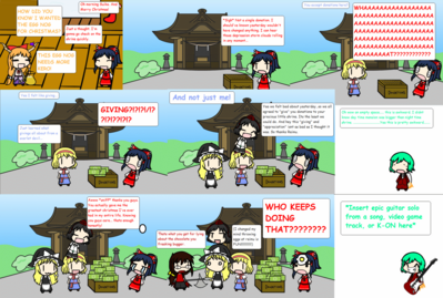 The Giving Reimu Pt 6 (Reimu's Ending) by Bowserslave
And thus, all's well that ends well!  At long last, Reimu has some donations to work with.  Though there is still the occasional egg to worry about... and debates over chocolate...
