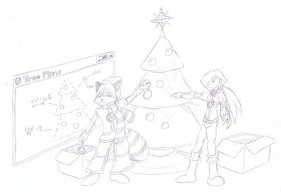 The School of Throw 'n Go
Even the navis like to get in on the holiday season.  Here Tangent decorates a tree on his server with his mate, Burst.  While Tangent is a practical, calculated coonie, Burst doesn't have the patience, preferring to just throw his ornaments in haphazardly.  Tangent (c) R.Mythril, Burst (c) C.Hersey
