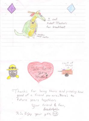To Roahm by beedolphin
This was sent in by beedolphin, along with a golden Mettaur figurine and a copy of MMBN4 Blue Moon.  I meant to scan it in earlier, but that's about when the computer started having problems.  My sincere thanks for both the gift and the nice art ^_^
