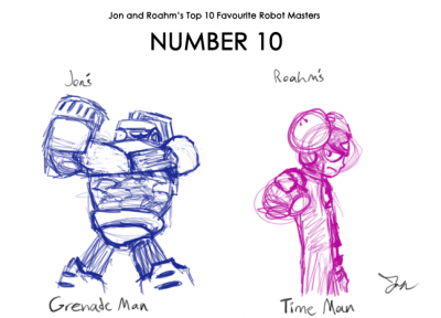 Top 10 Robot Masters No 10 by Jon Causith
Comparing our ten favorite Robot Masters, it seems tenth place belongs to Grenade Man and Time Man!  I've always been interested in time powers, and Time Man perhaps has my favorite version of it.
