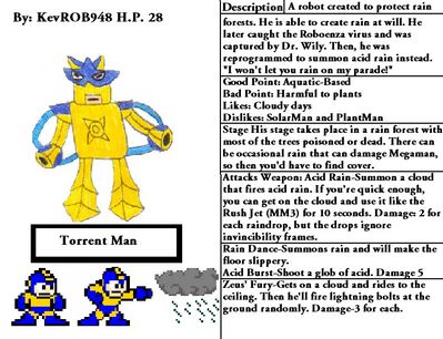 Torrent Man by KevROB948
A more dangerous rain-based Robot Master?  This could be troublesome.  It sounds like he's a bit trickier to deal with than Toad Man...
