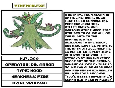 VineMan EXE by KevROB948
Rather coincidentally, it seems KevROB sent in a pair of V titled characters!  Here we have VineMan.EXE.
