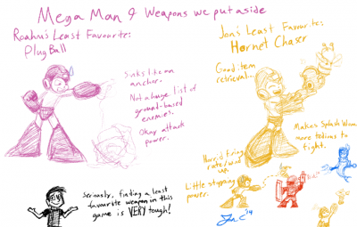 Weapons We Set Aside - MM9 by Jon Causith
It's hard picking least favorite weapons from MM9, they're all so good!  It seems to fall more toward "which has most limited use."  For me, it's the Plug Ball, and for Jon, the Hornet Chaser.  But still he made the one fetching an item for Mega Man super adorable.
