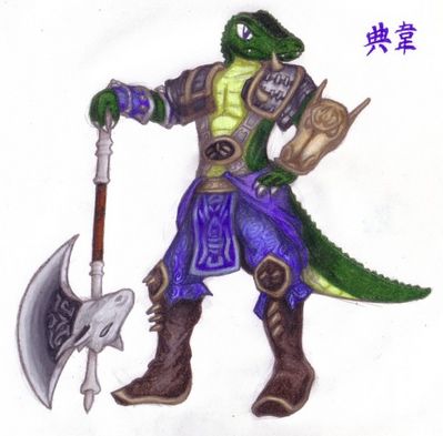 Dian Wei
Niles as Dian Wei from Dynasty Warriors.  I needed someone big and bulky for this role.  Plus Niles was already hairless, and in the storylines actually does use axes to fight.  Niles (c) R. Mythril, Dynasty Warriors (c) Koei
