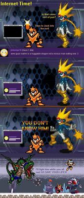 A Huggable Dragon Indeed by GandWatch
Another sprite comic from GandWatch!  This was inspired by a channel comment from jinkariya18, stating that I was not vicious, and was really a huggable dragon.  It seems the Robot Masters and Navis disagree...
