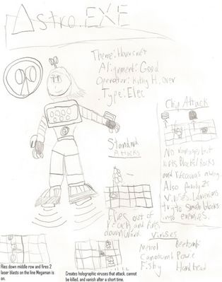 Astro EXE by TheKoopakirby
Here we have a female Navi counterpart to Astro Man.  It seems she's based more around hovercrafts however.

