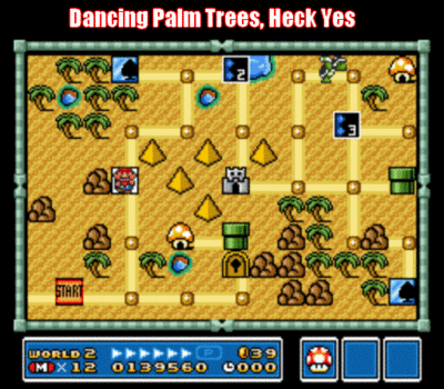Dancing Palm Trees by GandWatch
The Desert probably had my favorite map in SMB3.  Cool music, and DANCING PALM TREES!  HECK YEAH!
