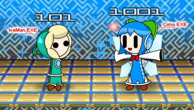 Digitalized by GandWatch
If Ice Man has Cirno, what does IceMan.EXE have?  Well now we know!  As an added touch, the binary code over the two is 5 and 9.
