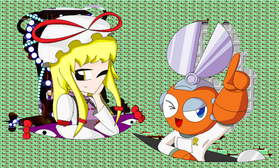 Dimensional Jump Cut by GandWatch
Yukari and Cut Man do share a seeming ability to snip their way through space and think with portals, so thus, they have been paired together.  Cut Man seems happy about this.  For those wondering, I believe Cut Man's space snipping abilities were seen in the fighting games.
