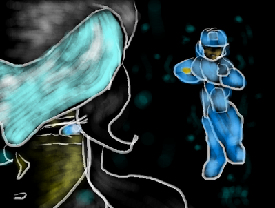 Dolphin Woman vs Rockman by IrukaAoi
A dramatically styled piece, here we have Rockman confronting Dolphin Woman, a robot master who, from what I understand, is not in full control of what she does.
