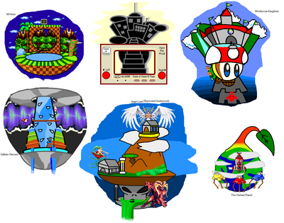 Draw the World 1 by GandWatch
GandWatch took it upon himself to draw various gaming worlds represented in the Smash Bros. games as Kingdom Hearts type worlds.  This is quite an interesting project, and I like the designs!  In this batch, we have the worlds of Sonic the Hedgehog, Game & Watch, Super Mario Bros., Ice Climbers, Kid Icarus, and Pikmin.
