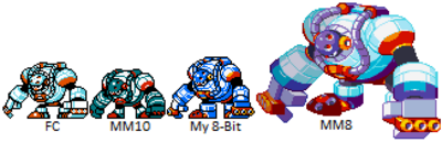 Frost Man Sprite by Hfbn2
Here we have a wider selection of comparison sprites, as there actually was an official 8 bit sprite of Frost Man thanks to Mega Man 10.  In this instance, the RM8FC sprite was actually pretty good, but I do think Hfbn2's version handled some details better, like the knuckles for example, giving them more definition.

