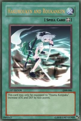 Hakurouken and Roukanken by zacexe3
An equip card for Youmu, this will give her additional attack and defense.  Fear the sharp blades... especially with the speeds she can reach.
