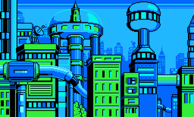 Monstropolis by Hfbn2
A screenshot from the intro of Hfbn2's game, which looks quite nice indeed.  This looks like quite a good Mega Man style city ^_^
