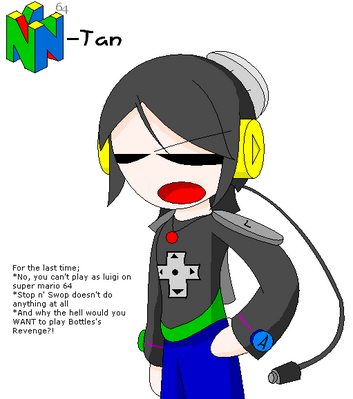 N64-tan by GandWatch
Evidently, this one wears a shirt based on the color of your N64.  Thus, mine would be Watermelon.  Just don't try to glitch her.  Nothing worse than setting off an accidental Get Down dance...
