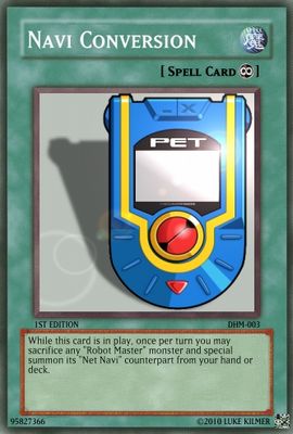 Navi Conversion by zacexe3
Here we have a rather interesting spell card, almost a ritual card of sorts.  With this card, a Robot Master can be exchanged for the corresponding Navi.
