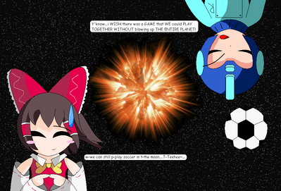Planet Goes Boom by GandWatch
It's bad enough when it's just the Touhou girls playing soccer, but then getting the Mega Man crew in on it as well?!  Though technically they did already play soccer.  Somehow they weren't as destructive as Reimu and company...
