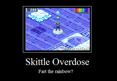 Skittles Overdose by RenzokukenLionheart
While it has nothing to do with Skittles, Megaman does end up with rainbow power in one of the Battle Network games... ^_^;
