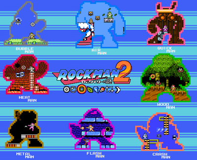 Mega Man 2 Wallpaper by GandWatch
Next up, we have Mega Man 2!  If you look at Mega Man in each spot, you might notice that we seem to have the "official" weakness chain represented here.
