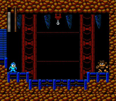 Rope Man Boss Room by Hfbn2
The darkness of this room serves to show just how deep Rope Man's cavern goes.  THe room itself seems interesting, with a hook in the ceiling likely placed to give Rope Man more avenues from which to attack.
