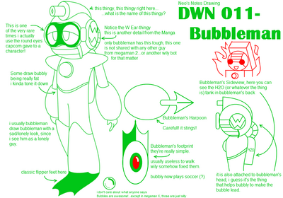 Drawing Notes - Bubble Man by GandWatch
Here we have notes on how to draw Bubble Man!  The chibi Heat Man in the corner is a rather cute touch X)
