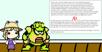 Toad Man Says No by GandWatch
Just a note, don't try to change someone else's canon.  Poor Toad Man's been through enough.  Let him have his Suwako.
